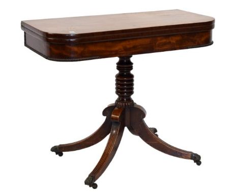 George IV/William IV mahogany pedestal fold-over card table, the rounded oblong top enclosing baize-lined playing surface ove