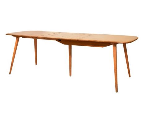 Ercol 'Golden Dawn' elm draw-out extending dining table with two leaves on splayed supports, 222cm x 83cm x 71cm high includi