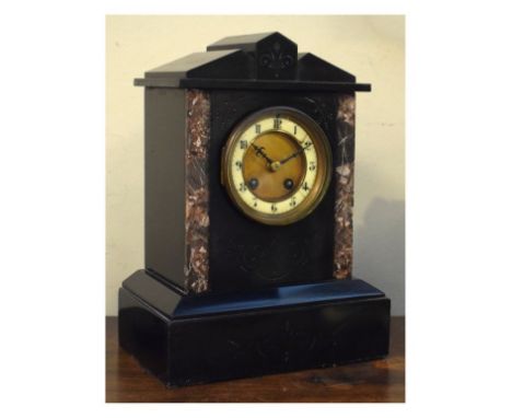 Late 19th Century French black slate and variegated marble mantel clock of architectural form with two train movement, 31cm h