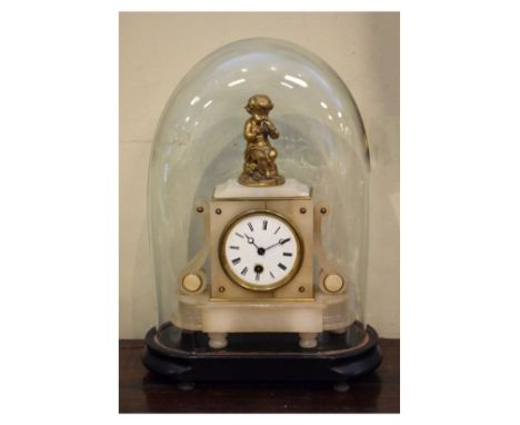 Late 19th Century French gilt spelter and alabaster mantel clock with white Roman dial and single-train movement, the archite