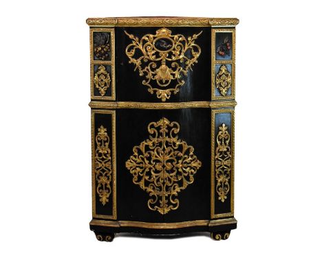 19th Century Italian ebonised parcel gilt and pietra dura corner cabinet of serpentine fronted design with carved frieze over