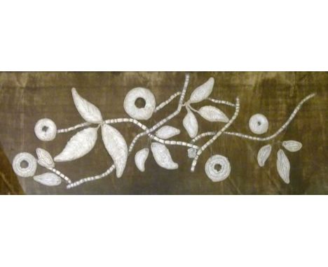 19th Century giltwood overmantel, with beaded surround and glazing enclosing a stumpwork-style panel of blossom and fruit on 