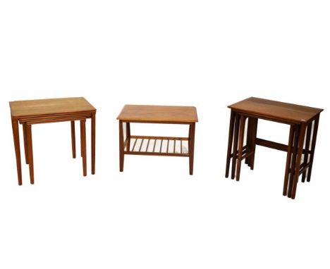 Nest of three 1960's occasional tables, largest 53cm x 38cm x 53cm high, together with a further nest of two tables and an oc