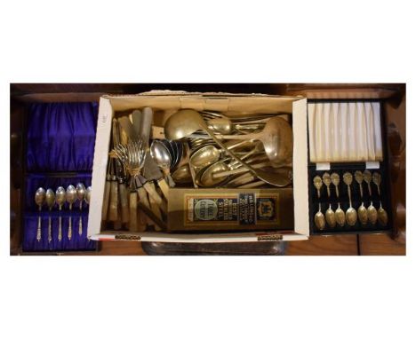 Assorted cased and loose silver-plated flatware to include; seven Bristol Rifle League souvenir spoons, two berry serving spo