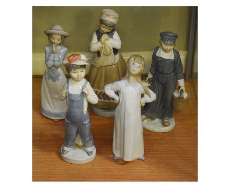 Five Lladro porcelain figures, together with one other Nao figure of a praying girl in hat, the tallest standing 22cm high  