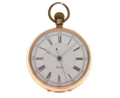 Yellow metal open face pocket watch, white Roman dial with centre seconds sweep numbered 82474, engraved case back internally