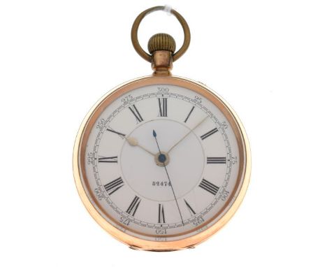 Yellow metal open face pocket watch, white Roman dial with centre seconds sweep numbered 82474, engraved case back internally