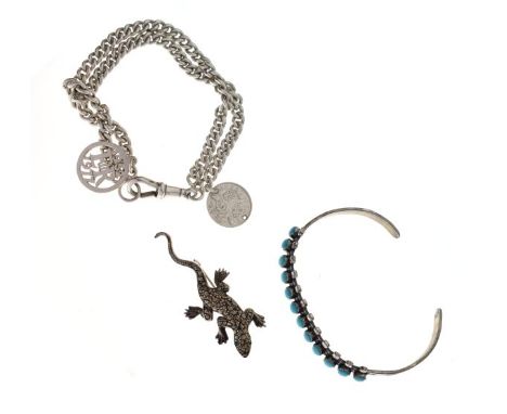 Silver curb-link bracelet or Albert of two-strand design, with coin and Silver Jubilee 1977 fobs, together with a turquoise-s