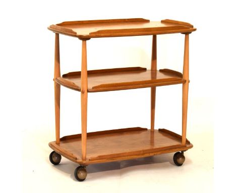 Ercol 'Golden Dawn' elm three-tier hostess trolley, 77cm wide x 75.5cm high  