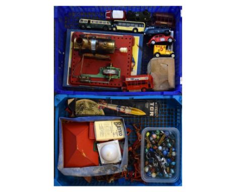 Quantity of vintage 20th Century toys to include; loose die-cast cars, Mamod engine, Bayko building set, marbles, plastic Kel