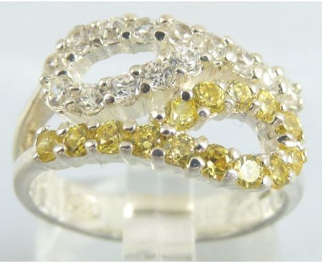 Sterling silver white and yellow stone double loop ring, size M