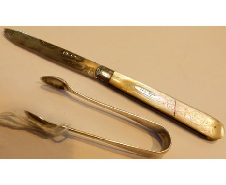Silver and mother of pearl fruit knife and pair of silver sugar nips hallmarked Sheffield 1959 and 1939 respectively