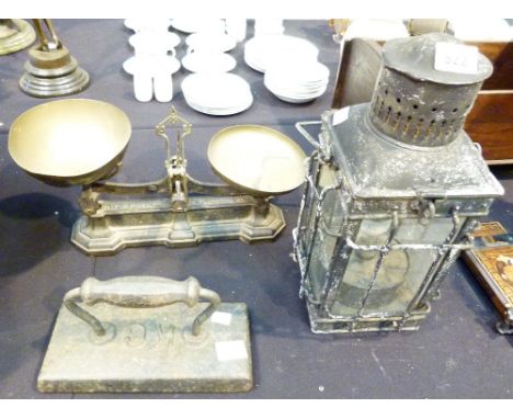 Antique hanging lamp, converted to electric, cast iron scales and a weight