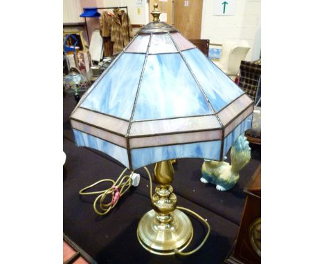 Brass table lamp with stained glass shade, made in the UK