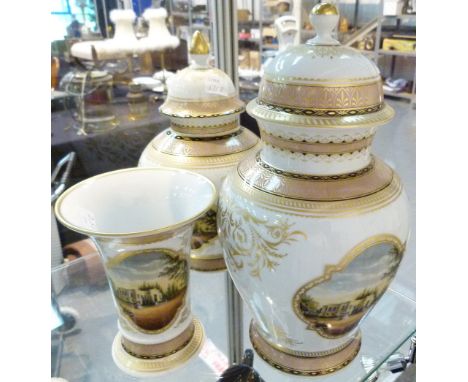Two lidded pots and a flared vase by Kaiser in the Belvedere pattern, signed K Nossek. Vase H: 16 cm