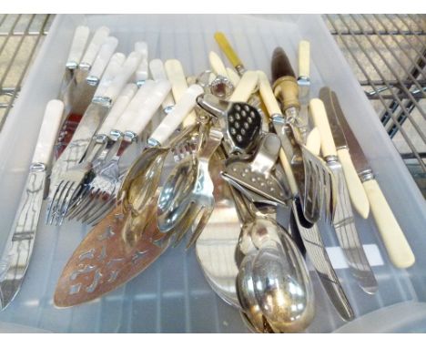 Quantity of silver plated flatware including a hallmarked silver fork with horn handle. Assay Sheffield 1898/9