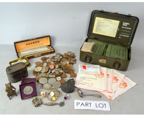 Mixed group of items including silver crown coins, 1900 & 1902,  coins and notes,  a harmonica by Hohner, brass figure of bea