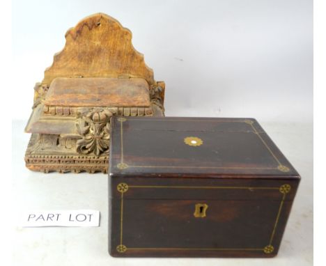 19th Century rosewood dressing table box, a carved wood clock bracket and other items