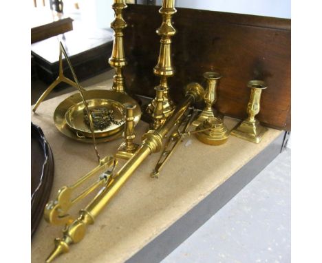 Mahogany galleried tray and brass scales and candlesticks