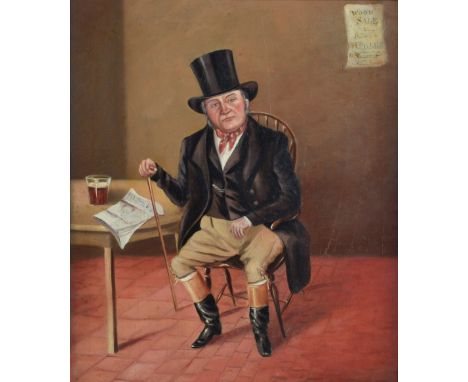 Portrait of a gentleman in top hat and breeches seated in a Windsor chair, oil on canvas, 39cm x 34cm 