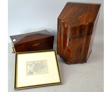 Mahogany serpentine knife box, a mahogany tea caddy and a Pieter van den Keere map of Surrey, framed (3 in lot)