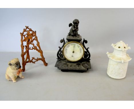 Selection of items to include a mantel clock, barometer, group of Ridgeway 'Coaching Days' plates, two glass lamp shades, etc