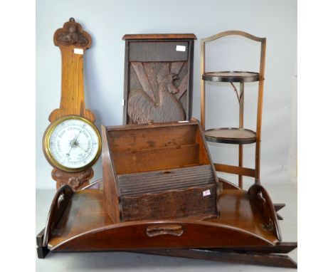 Butlers tray with stand, folding cake stand, stationery box and aneroid barometer.