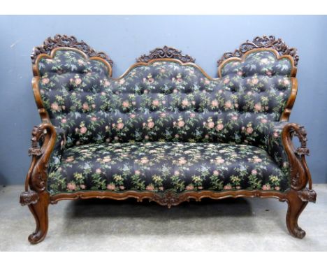 19th century button backed sofa with carved show frame on cabriole legs 155cm wide 