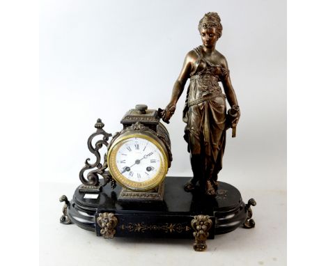 French slate and spelter mantle clock, the two train movement striking the hours and half hours on a bell