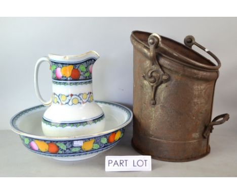 Large Landsdowne ewer and basin, two coal scuttles, a pair Faience earthenware plates, two lamp bases, etc. 
