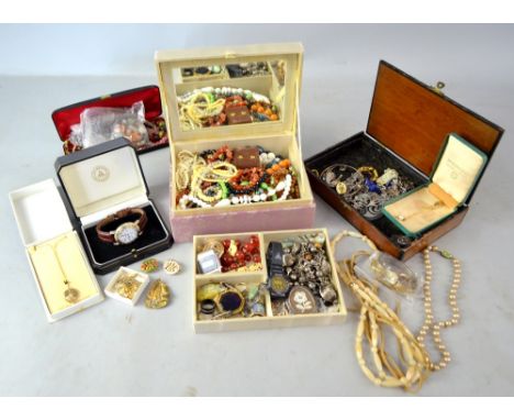 Gold front and back locket, two gold early 20th C Benson wristwatches, pearl pendant in gold mount in Mikimoto box, and a col