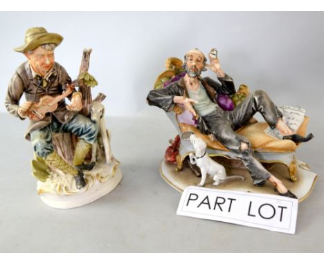 Group of six Capodimonte style figures, to include a man playing the violin and man playing accordion, (6)