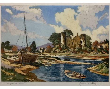 James Priddey (British, 1916-1980), ‘Laugharne Castle’ signed coloured aquatint print. Signed and titled in pencil, with Warw