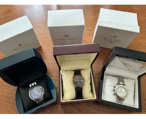 Three boxed gents stainless steel watches. Klaus Kobec - KKG1918 C15- a couture sports diamond quartz chronograph bracelet wa