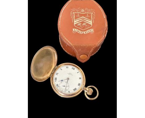 An Alco full hunter pocket watch with white enamel dial, Roman numeral hour markers, minute track and subsidiary seconds dial