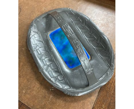 Archibald Knox (1864-1933), for Liberty &amp; Co, Tudric pewter and enamel Arts and Crafts cake basket. Fixed arched geometri