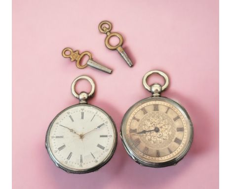 Two key wind pocket watches. First with beaded case, white enamel dial with Roman numeral hour markers and Arabic numeral 5 m