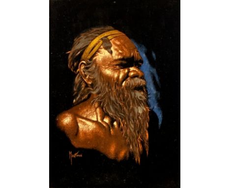 Martinus (Aboriginal, 20th Century), oil on felt portrait of an aboriginal man, signed Martinus lower left. Circa. 1970’s. Fr