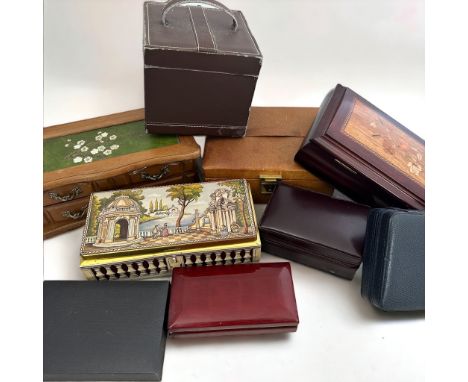 A number of jewellery boxes, predominantly wooden and leather and a vintage tin.