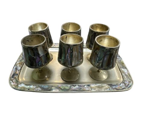 Vintage Alpaca Silver &amp; Abalone cordial / shot set, silver untested, decorative set of six shot glasses on tray. Each mar