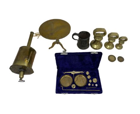 Brass Weights Scales Trivet, interesting lot of Brass and Pewter items to include. Three brass bell weights by "Parnall &amp;