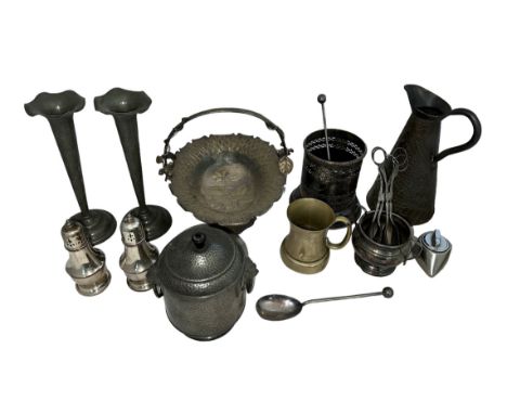 Collection of silver plated &amp; pewter items etc, with bottle holder, sugar sifters (2), a pair of vases, cake basket, mug,
