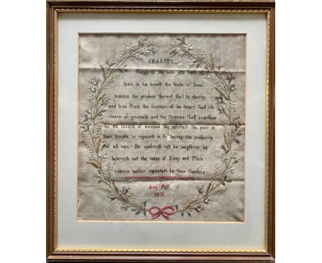 Early 19th Century Embroidery sampler by Ann Fell, 1805. Depicting a poem called ‘Charity’ by Nathaniel Cotton, with foliate 