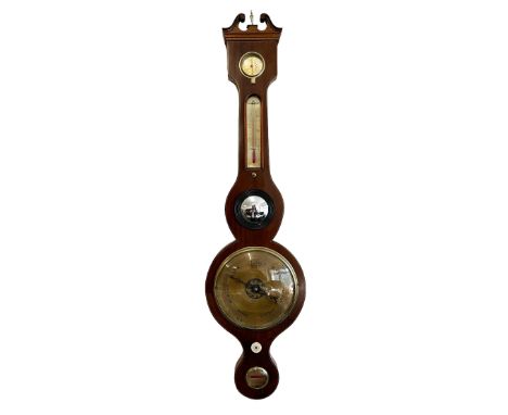 A Scottish mahogany wheel barometer by B. Corti, Glasgow, with a register plate, small convex mirror, mercury filled thermome