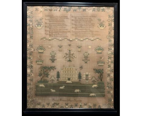 Very large embroidery sampler by Hannah Primrose aged 9 Years, dated 1829. Extensively decorated with various stitches, compr