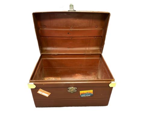 Large vintage metal trunk painted brown finish with reproduction stickers. W64cm x D43cm x H43cm. Collection only.