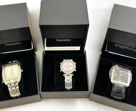 Three boxed stainless steel quartz Amadeus watches. AM00570 - Ladies chronograph quartz watch with embellished pink mother of