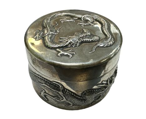 Chinese silver, Wing Nam, late 19th / early 20th Century trinket pot with lid, external raised dragon decoration to both lid 