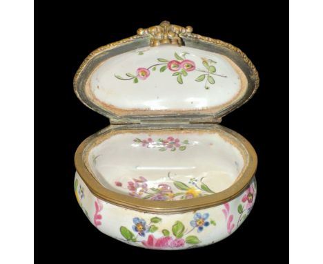 18th Century Lille 1763 hand-painted enamel and gilt metal pill box, metal mounted hinged lid hand painted with lovers in a g