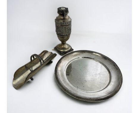 Three continental white metal items stamped 800. A 31.5cm salver and a basket with matching cast rims, (together 800g). Also 